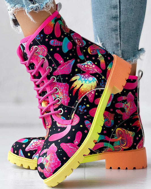 Colorful Figure Mushroom Print Ombre Lace up Ankle Boots