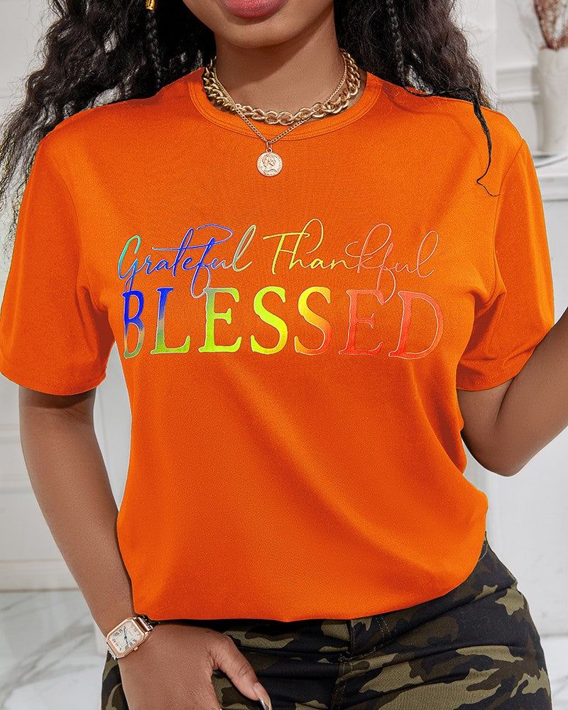 Grateful Thankful Blessed Ombre Letter Print Casual T shirt