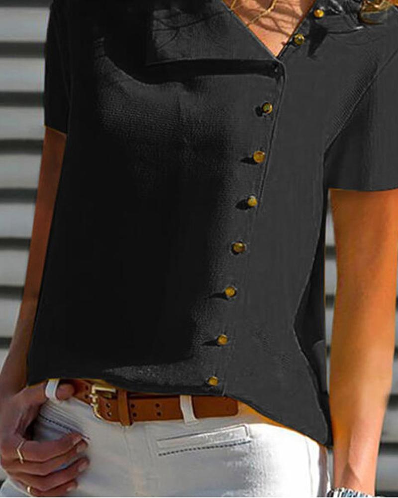 Asymmetrical Neck Short Sleeve Button Front Shirt