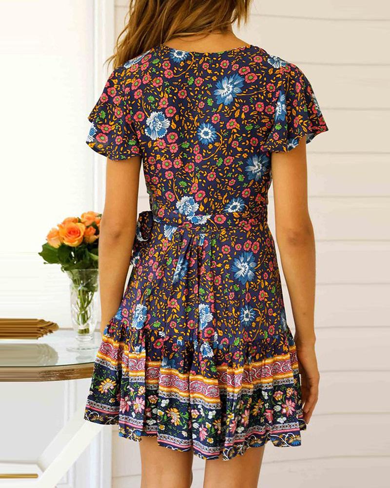 All Over Print V Neck Short Sleeve Dress