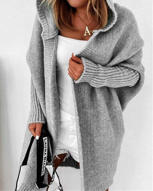 Open Front Batwing Sleeve Knit Hooded Cardigan