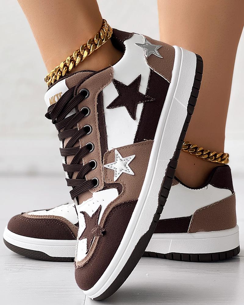 Colorblock Star Pattern Lace up Sneakers