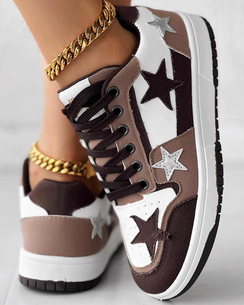 Colorblock Star Pattern Lace up Sneakers