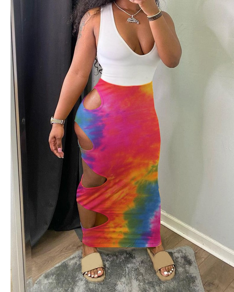 Tie Dye Skinny Cut out Midi Skirts