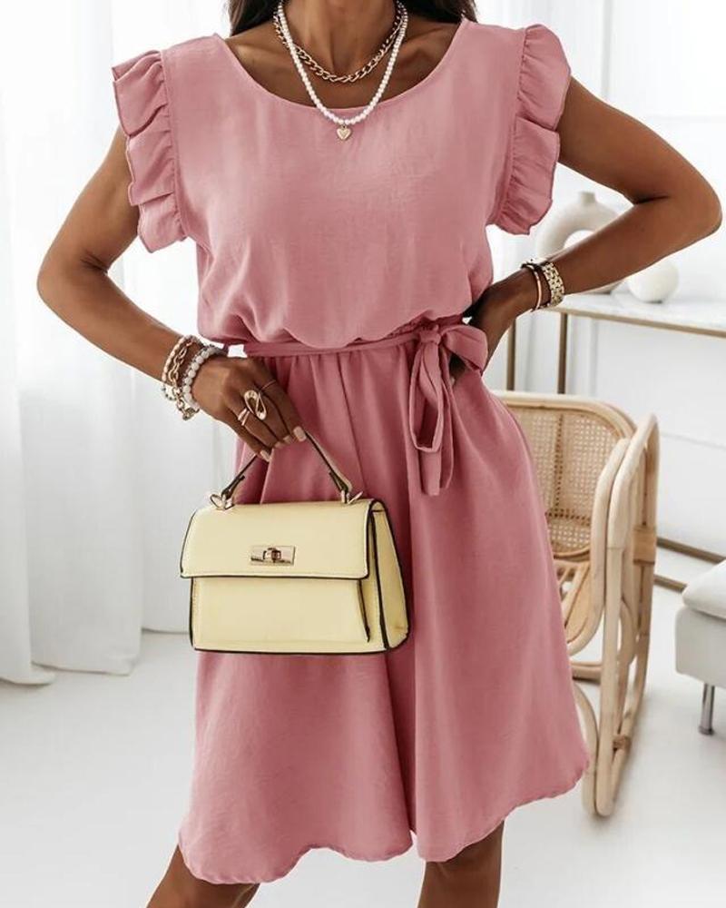 Flutter Sleeve Belted Casual Dress