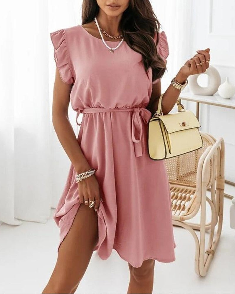 Flutter Sleeve Belted Casual Dress