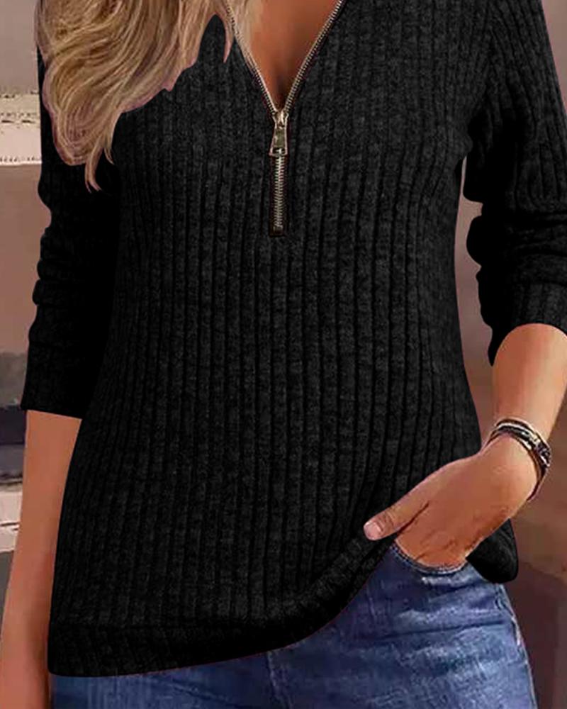 Zipper Design Long Sleeve Ribbed Top