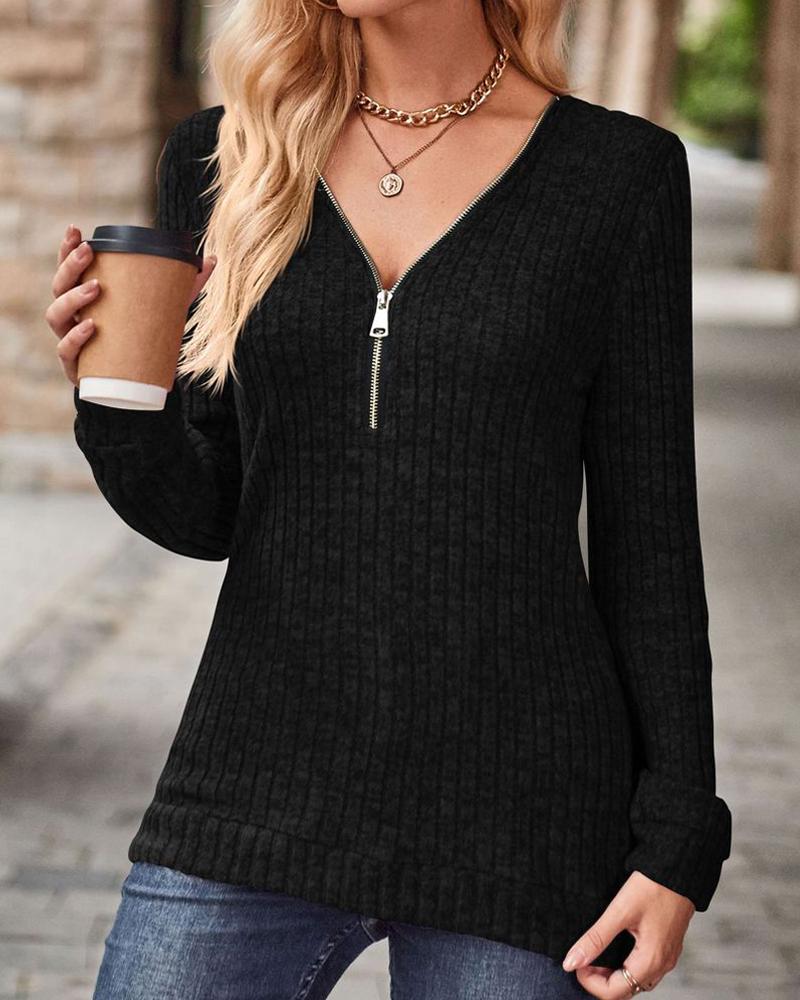 Zipper Design Long Sleeve Ribbed Top