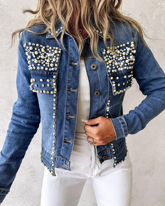 Rhinestone Pearl Decor Denim Jacket