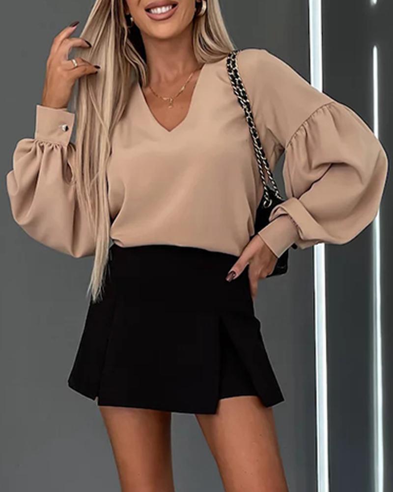 V Neck Lantern Sleeve Ruched Top