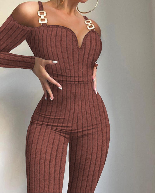 Cold Shoulder Long Sleeve Chain Decor Jumpsuit