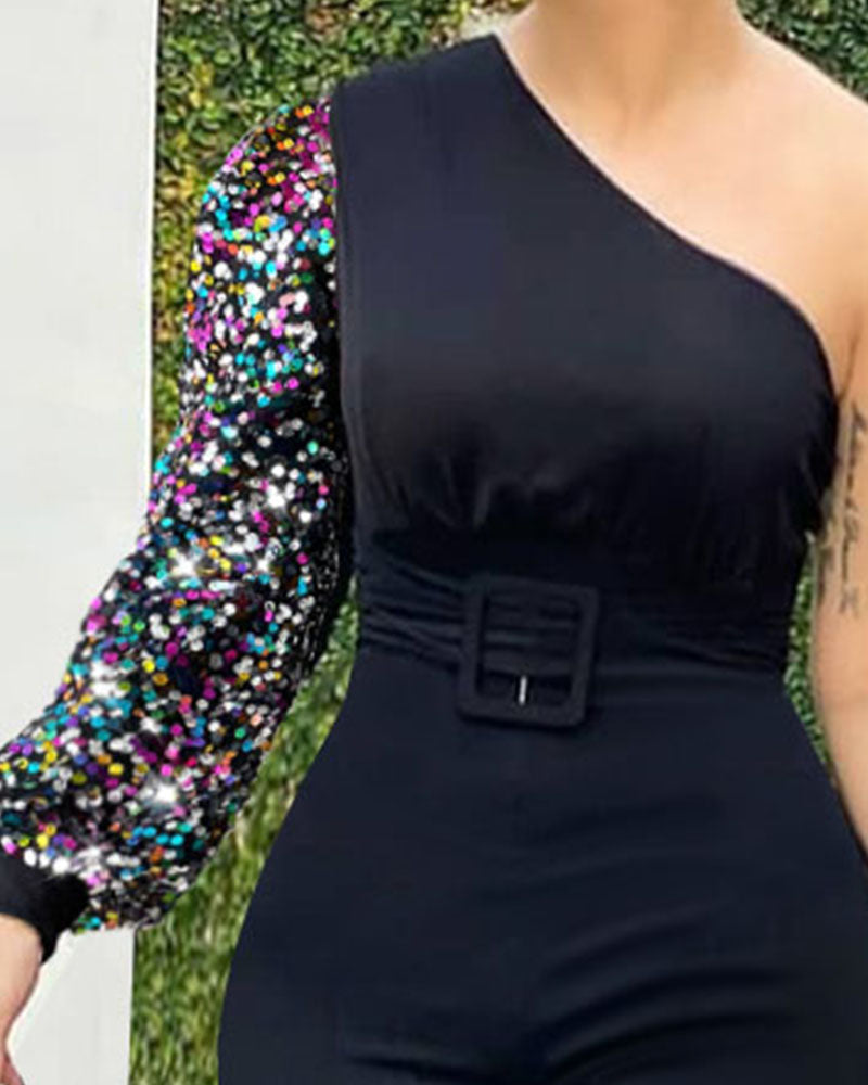 Colorblock Contrast Sequin One Shoulder Jumpsuit