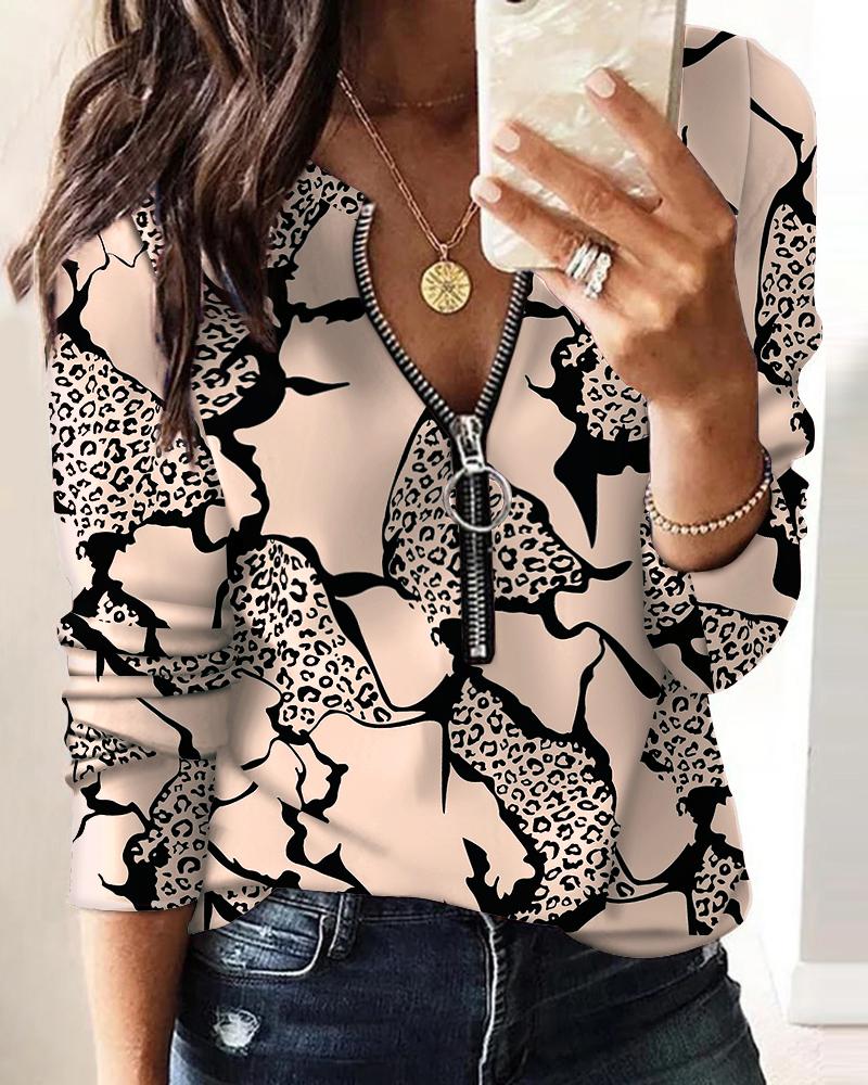 Leopard Print Zip Front Long Sleeve Top