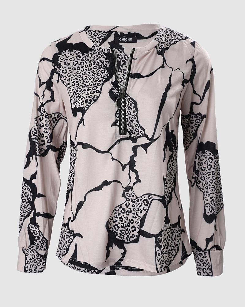 Leopard Print Zip Front Long Sleeve Top