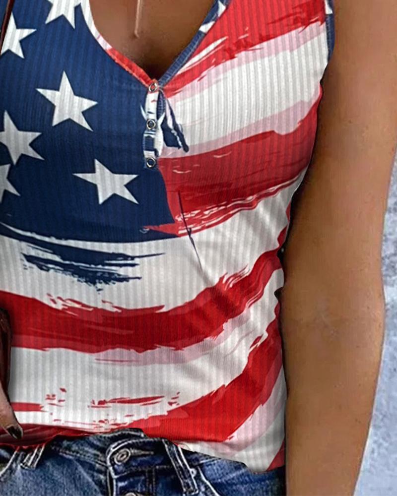 Flag Print Buttoned Tank Top