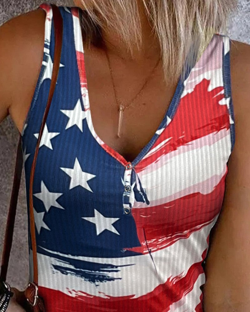 Flag Print Buttoned Tank Top