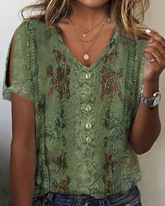 Vintage Floral Print Button Front V Neck Top