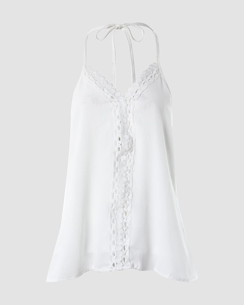 Hollow Out Lace Trim Halter Sleeveless Top