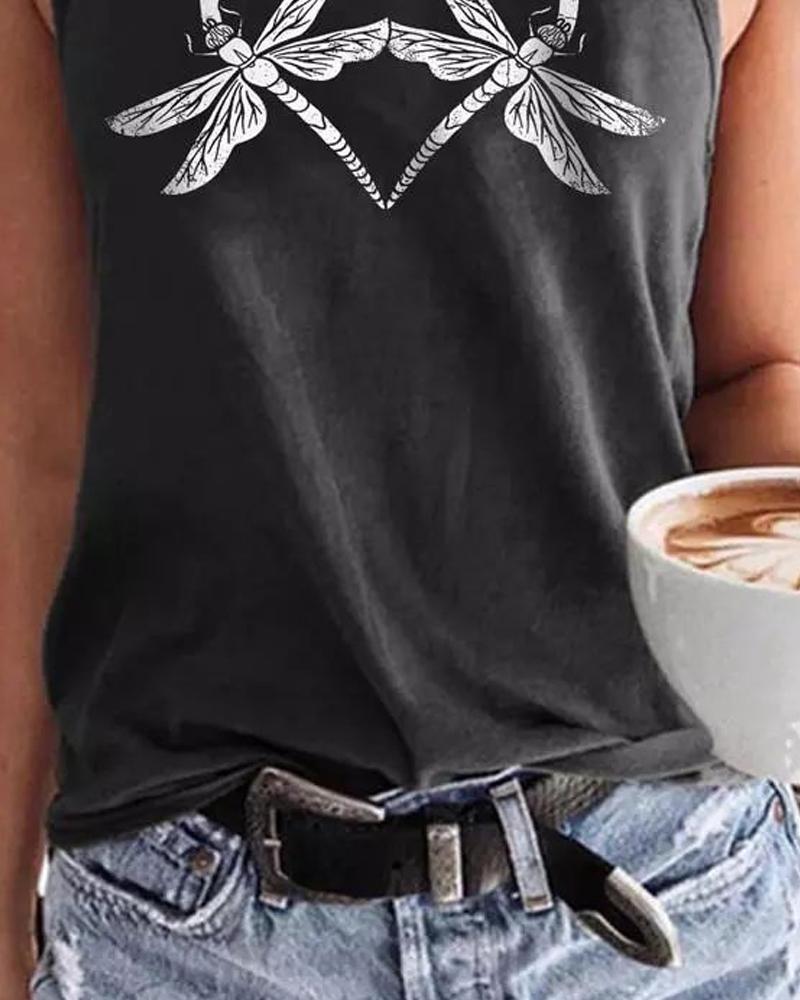 Heart Dragonfly Print Casual Tank Top