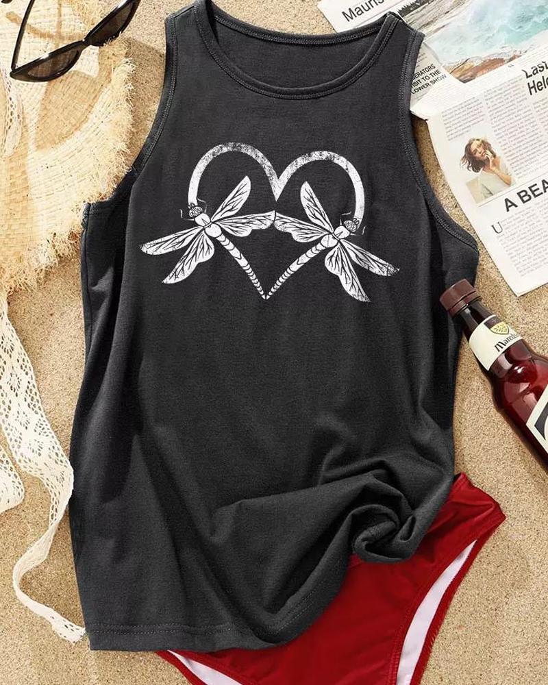 Heart Dragonfly Print Casual Tank Top