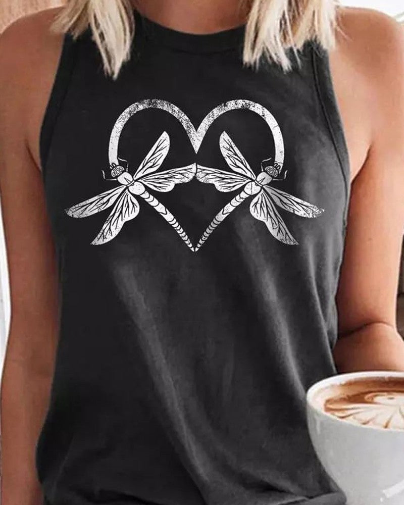 Heart Dragonfly Print Casual Tank Top