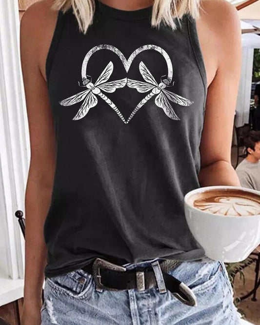 Heart Dragonfly Print Casual Tank Top