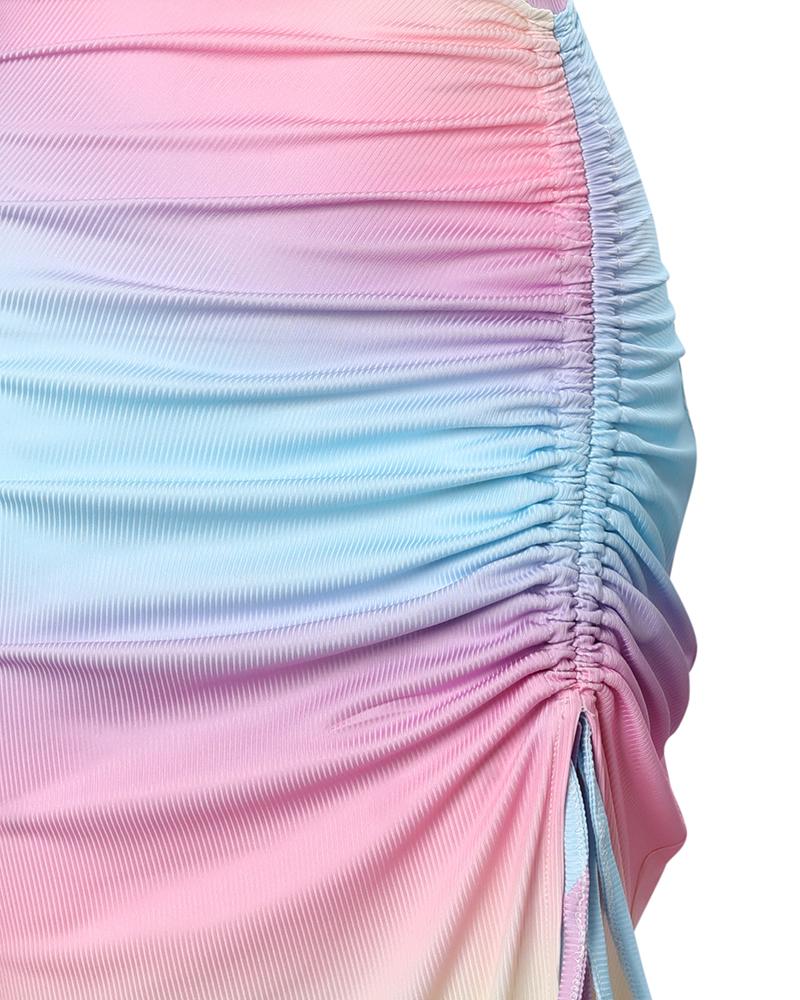 Ombre Print Ribbed Drawstring Ruched High Slit Dress