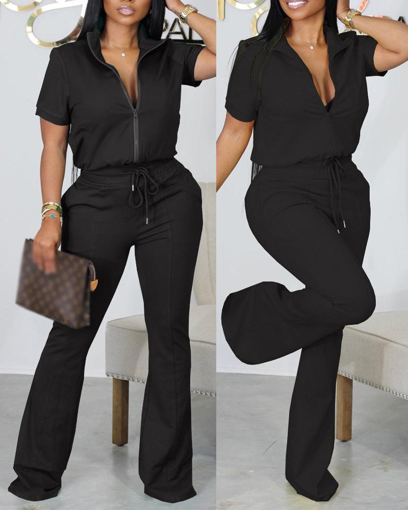 Short Sleeve Zip Up Top & Drawstring Pants Set