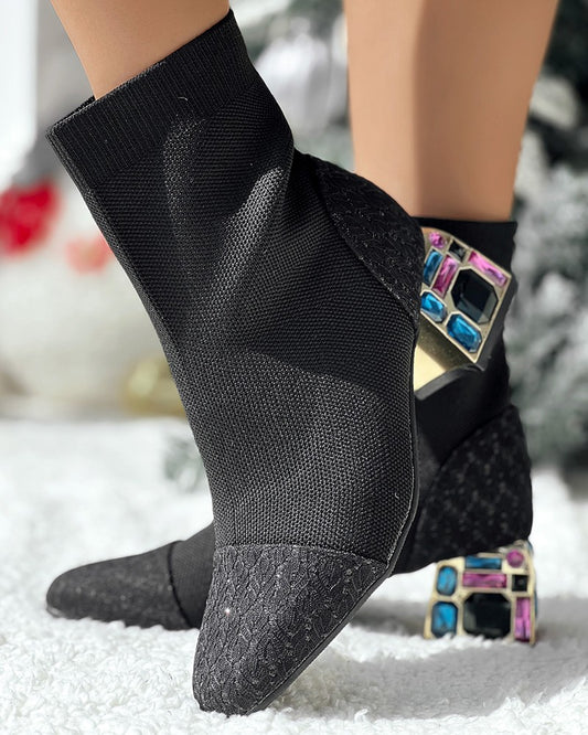 Lace Patch Rhinestone Chunky Heel Vintage Ankle Boots