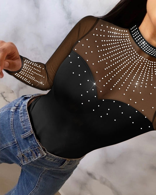 Rhinestone Decor Sheer Mesh Patch Bodysuit