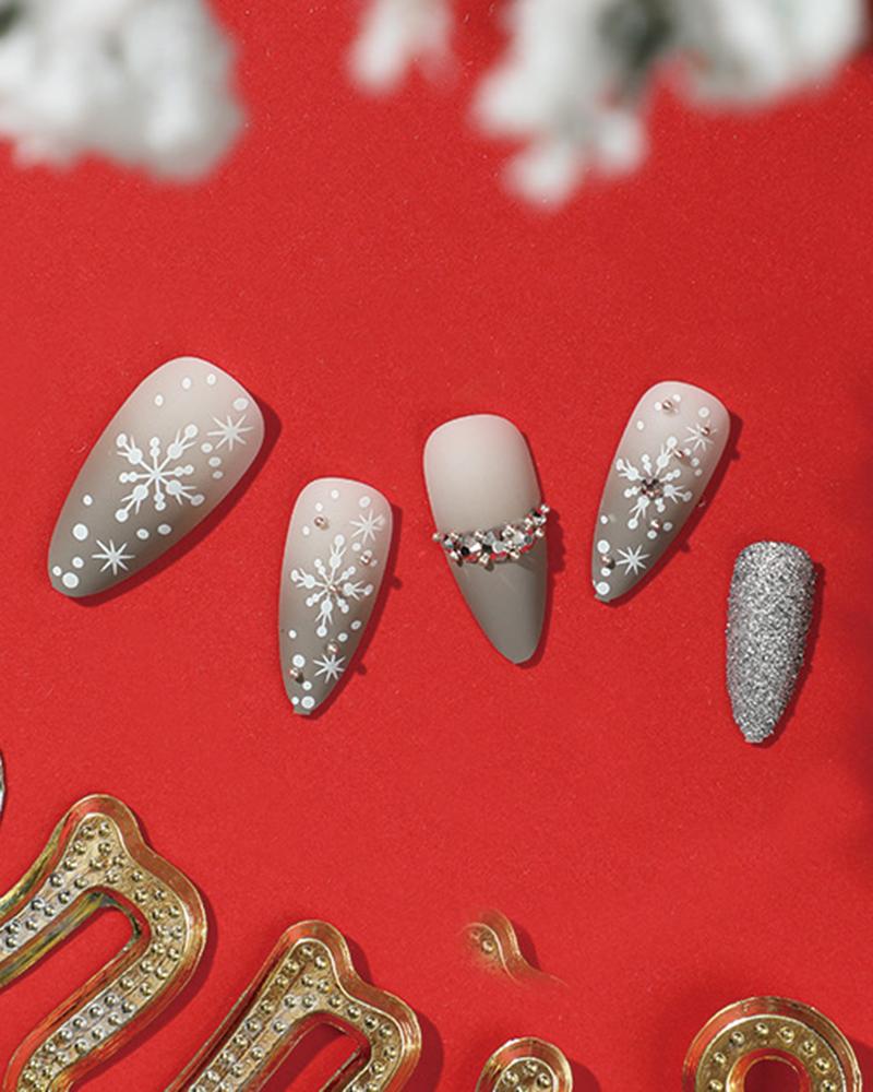 24pcs Ombre Snowflake Design Glitter Rhinestone Matte Press on Stiletto Almond False Nails Set