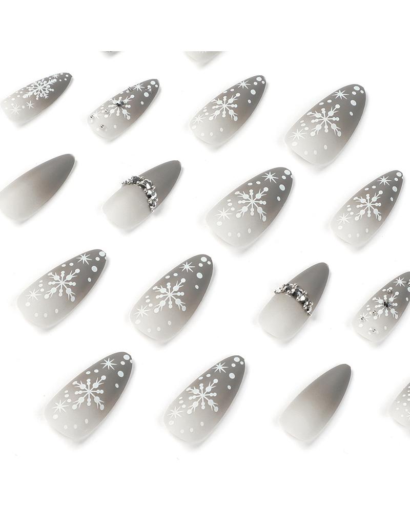 24pcs Ombre Snowflake Design Glitter Rhinestone Matte Press on Stiletto Almond False Nails Set