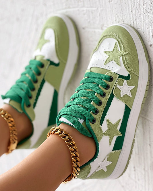 Colorblock Star Pattern Lace up Sneakers