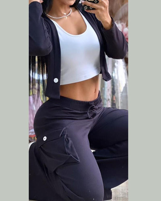 Buttoned Crop Top & Pocket Design Drawstring Pants Set