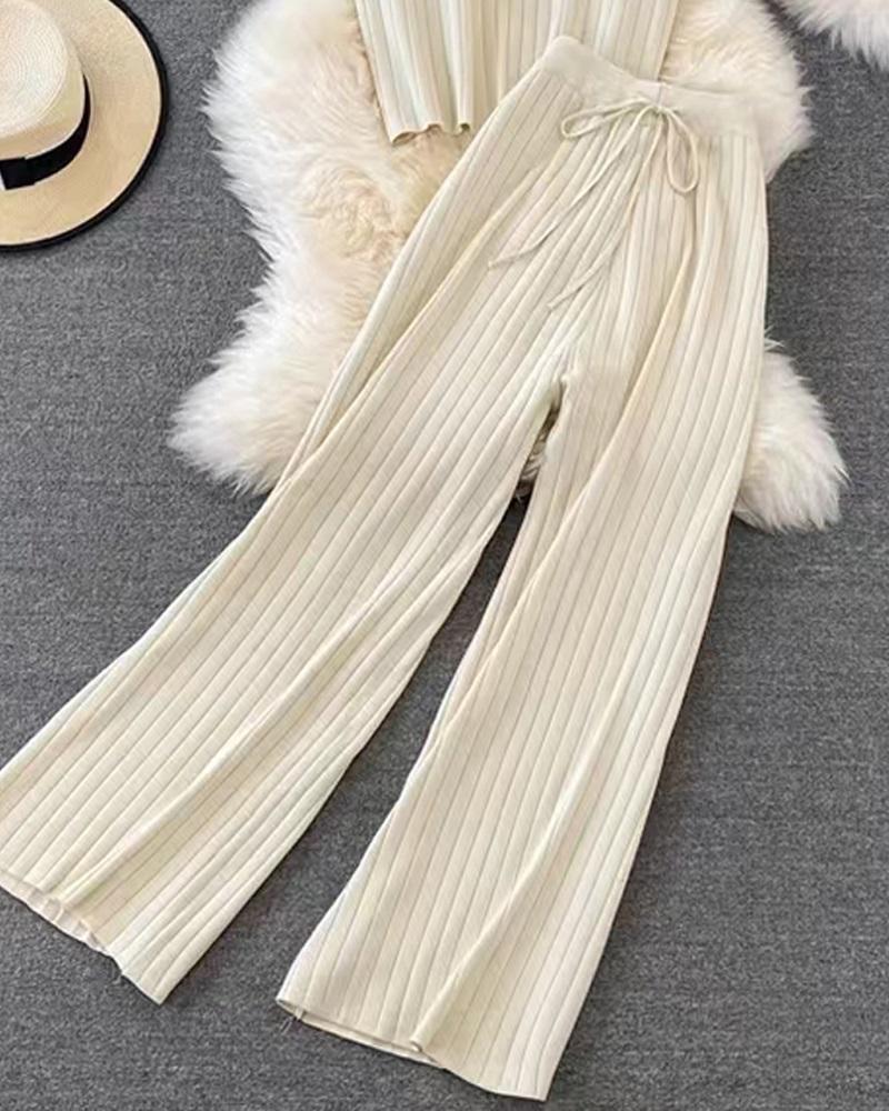 Sleeveless Knit Top & Tied Detail Wide Leg Pants Set