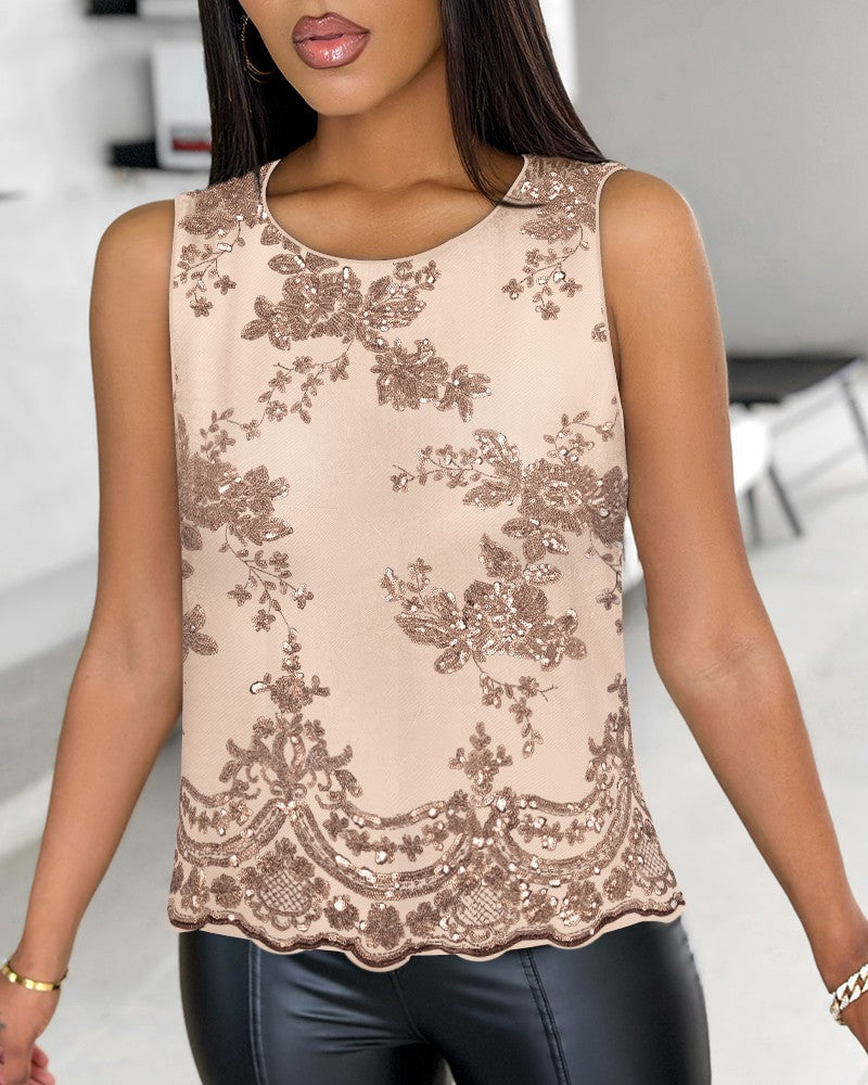 Sequin Floral Pattern Tank Top