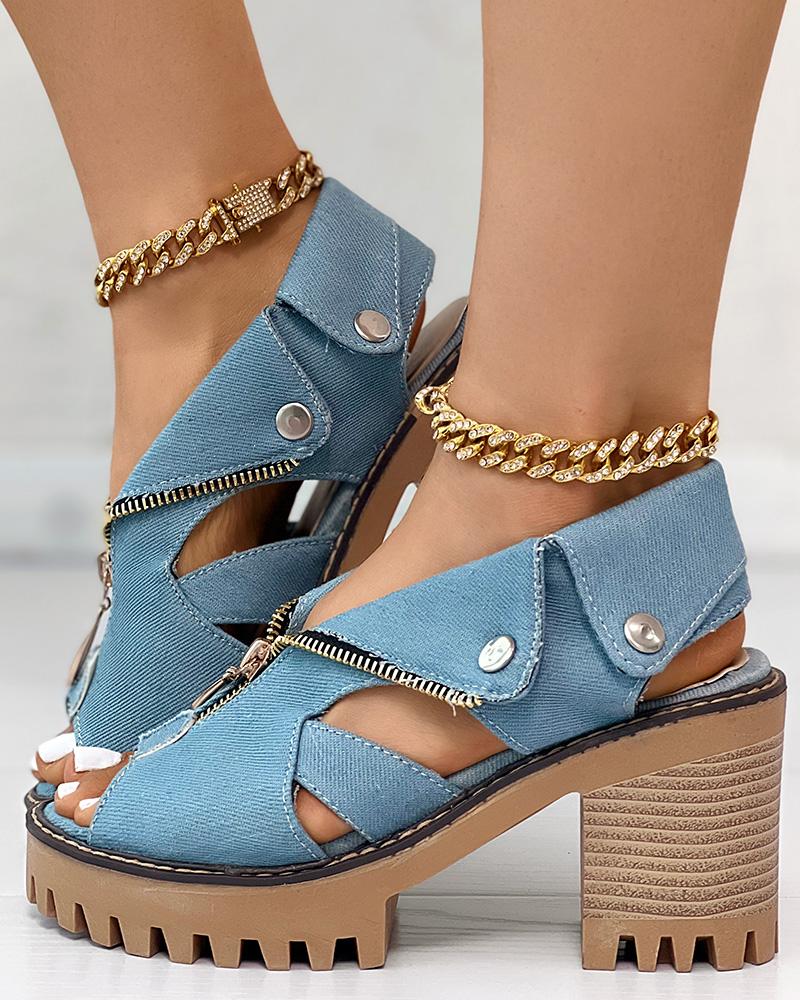 Denim Zipper Design Peep Toe Chunky Heels