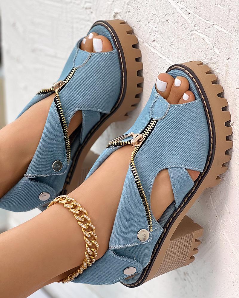 Denim Zipper Design Peep Toe Chunky Heels