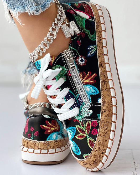 Floral Embroidery Lace up Muffin Sneakers