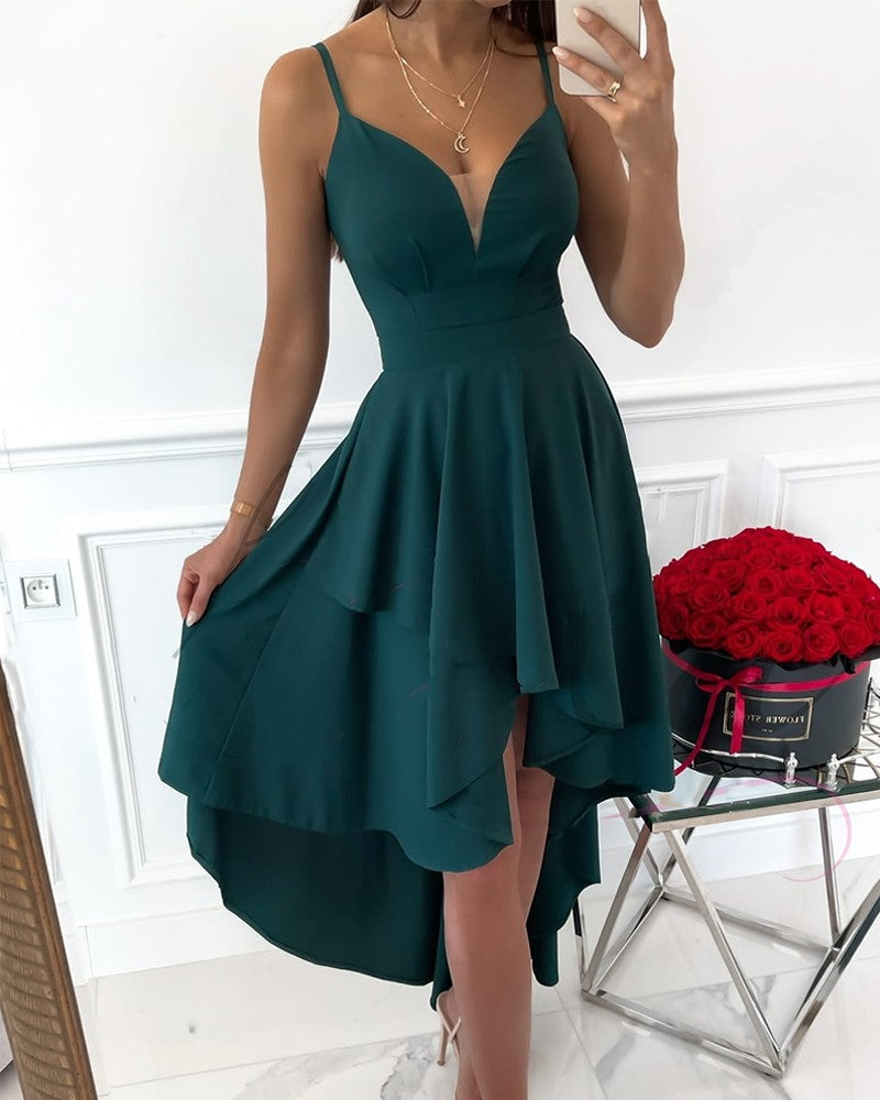 Mesh Insert V Neck Asymmetrical Party Dress