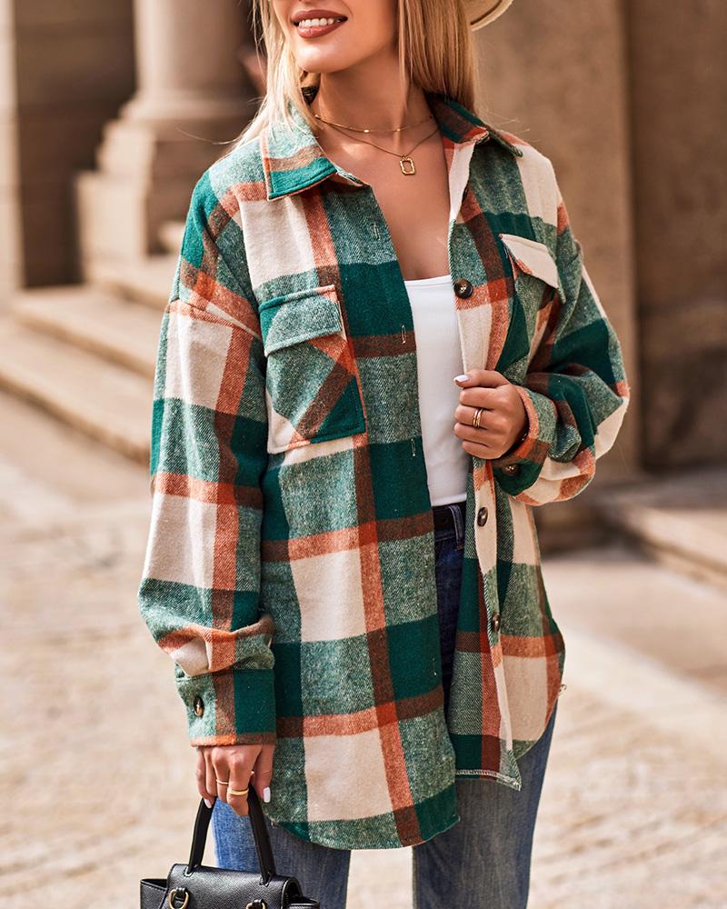 Plaid Print Long Sleeve Button Down Shacket