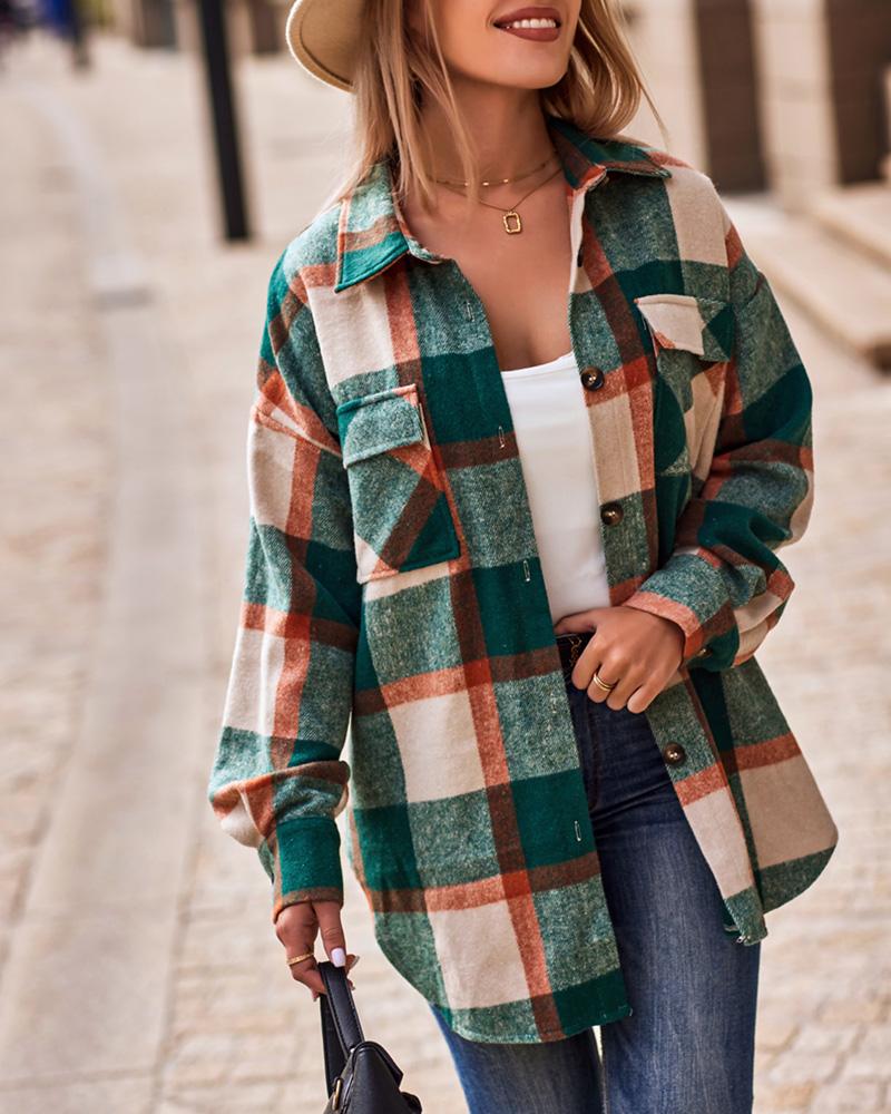 Plaid Print Long Sleeve Button Down Shacket