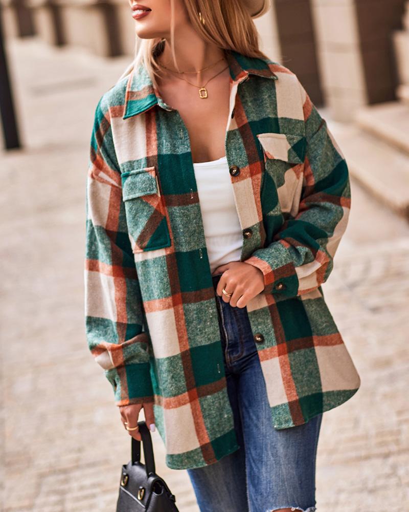 Plaid Print Long Sleeve Button Down Shacket