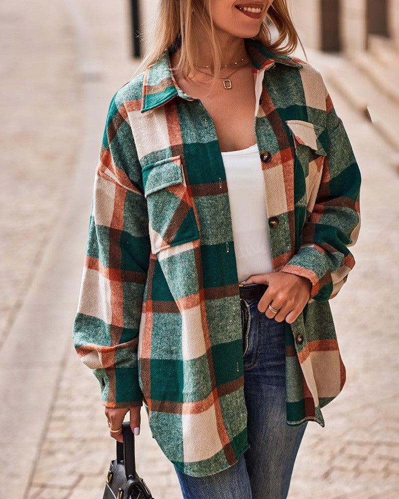 Plaid Print Long Sleeve Button Down Shacket