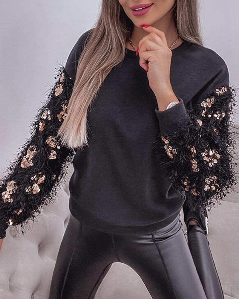 Fluffy Sequin Patch Long Sleeve Top