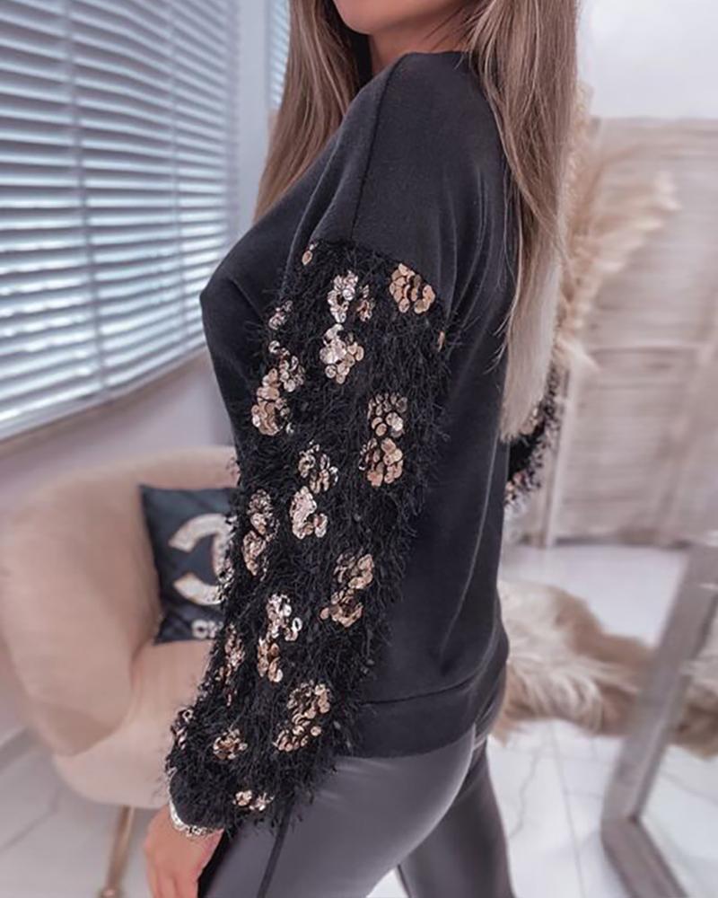 Fluffy Sequin Patch Long Sleeve Top