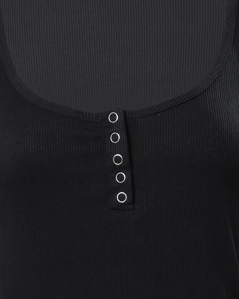 U Neck Snap Button Ribbed Tank Top