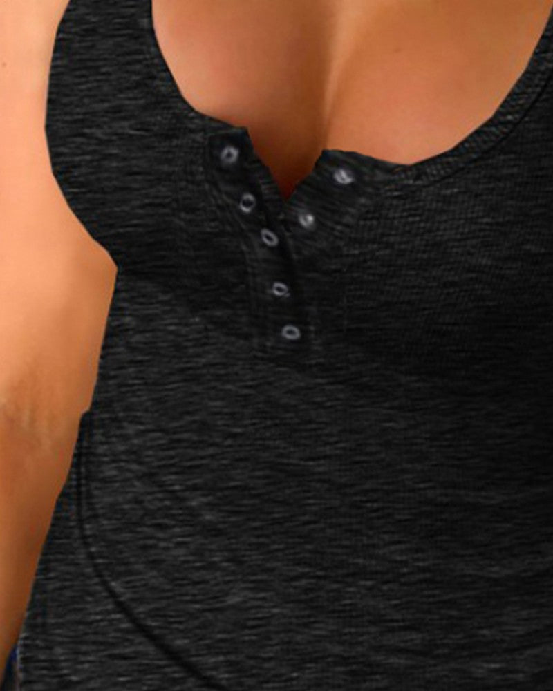 U Neck Snap Button Ribbed Tank Top