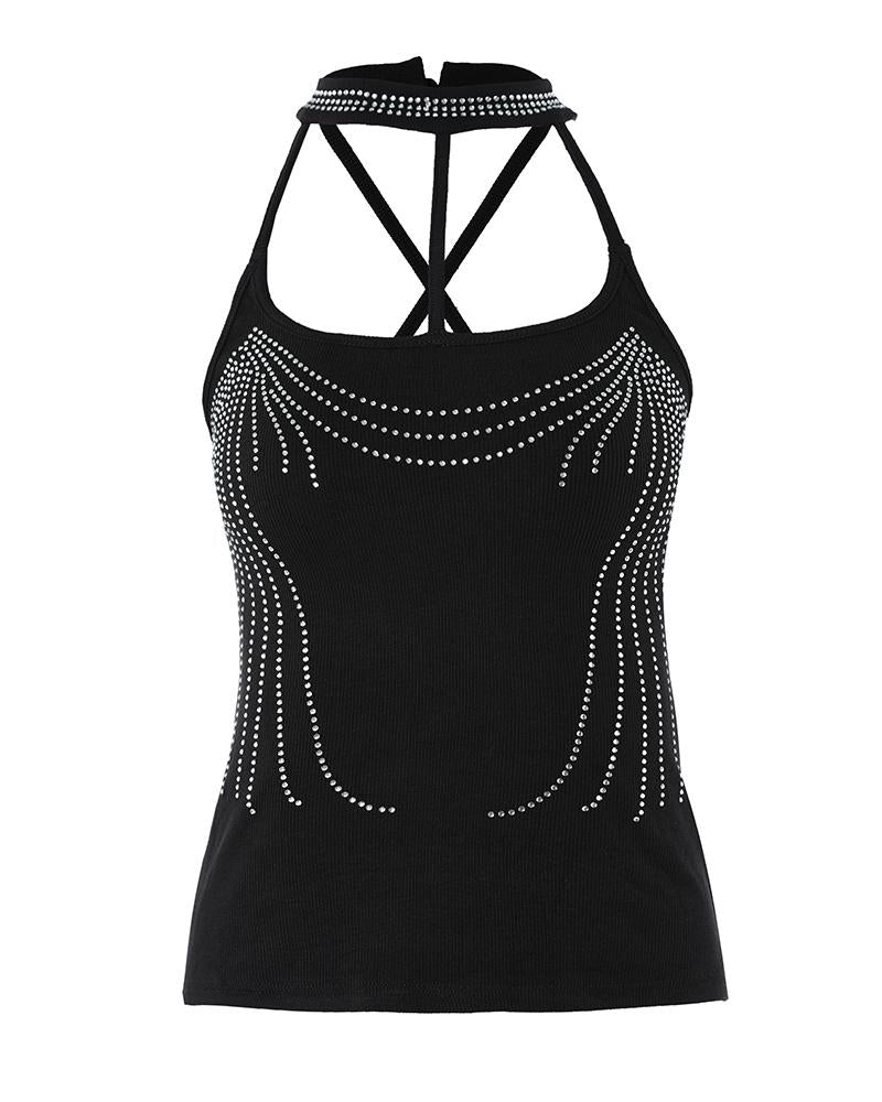 Rhinestone Halter Cutout Tank Top