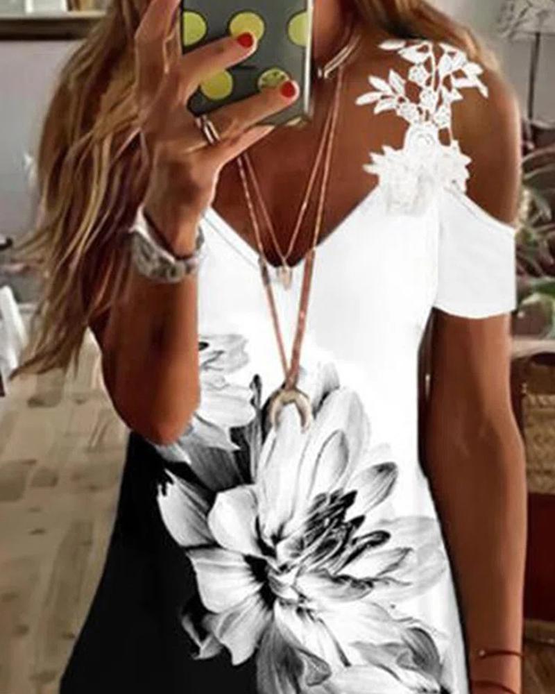 Cold Shoulder Floral Print Colorblock Casual Dress